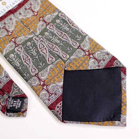 Bill Blass Yellow Green‎ Red Baroque Print Short Wide Silk Tie - Picture 5 of 6